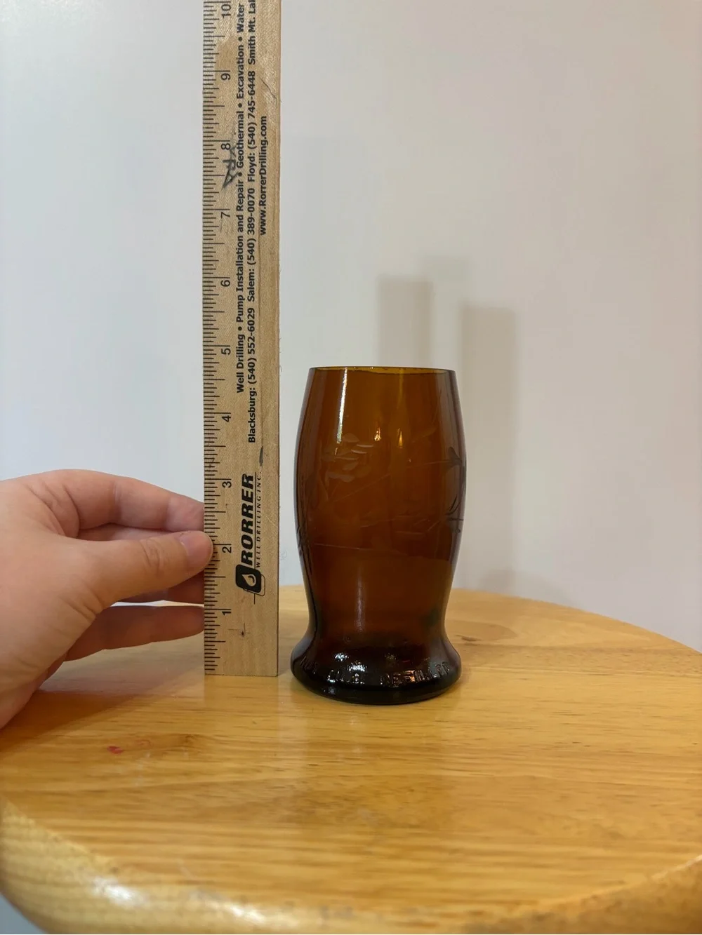 A set of six upcycled vintage amber beer bottle drinking glasses